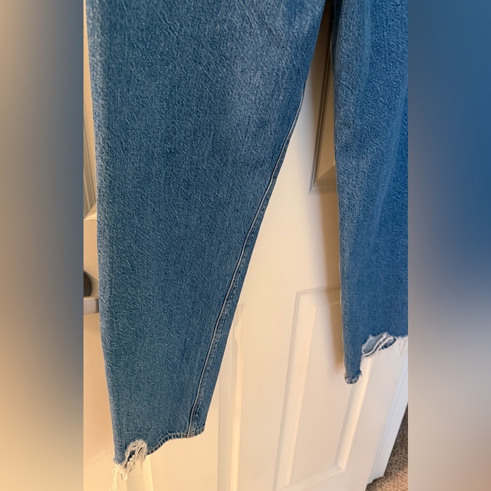 American Eagle Foldover High Waist Straight Leg Jeans, Distressed Blue, 8 Short - Picture 7 of 15